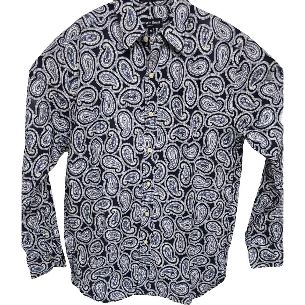 Austin Reed London Mens Paisley Button Down Shirt English Fit Navy Blue Medium